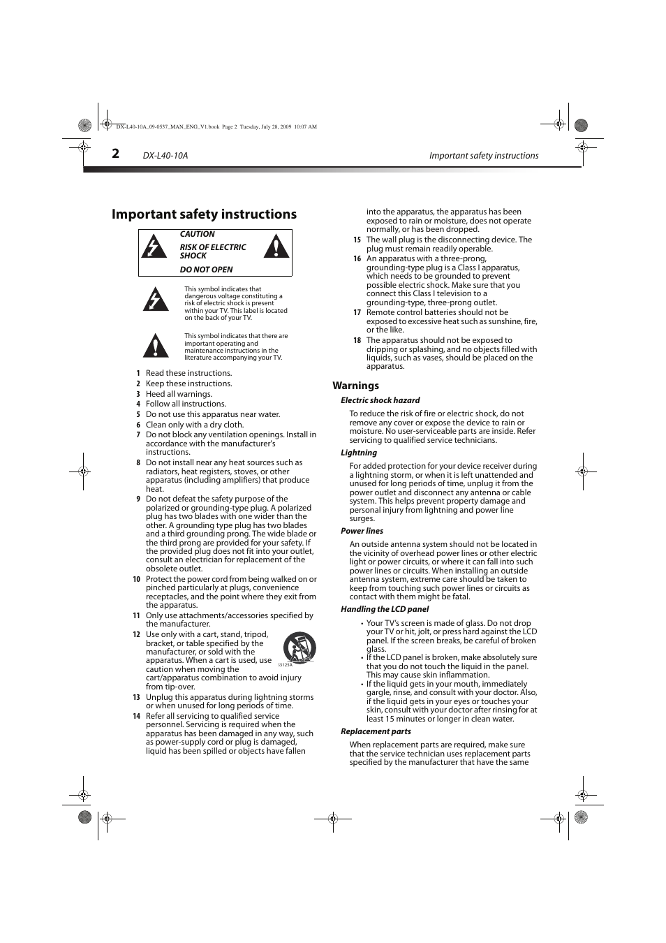 Important safety instructions | Dynex DX-L40-10A User Manual | Page 5 / 28