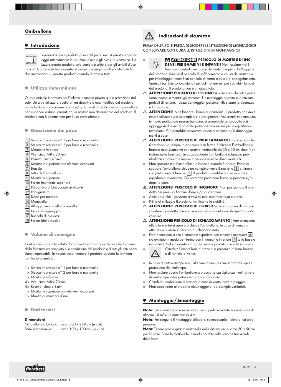 Ombrellone, Introduzione, Utilizzo determinato | Descrizione dei pezzi, Volume di consegna, Dati tecnici, Indicazioni di sicurezza, Montaggio / smontaggio | Florabest Cantilever Parasol User Manual | Page 3 / 13