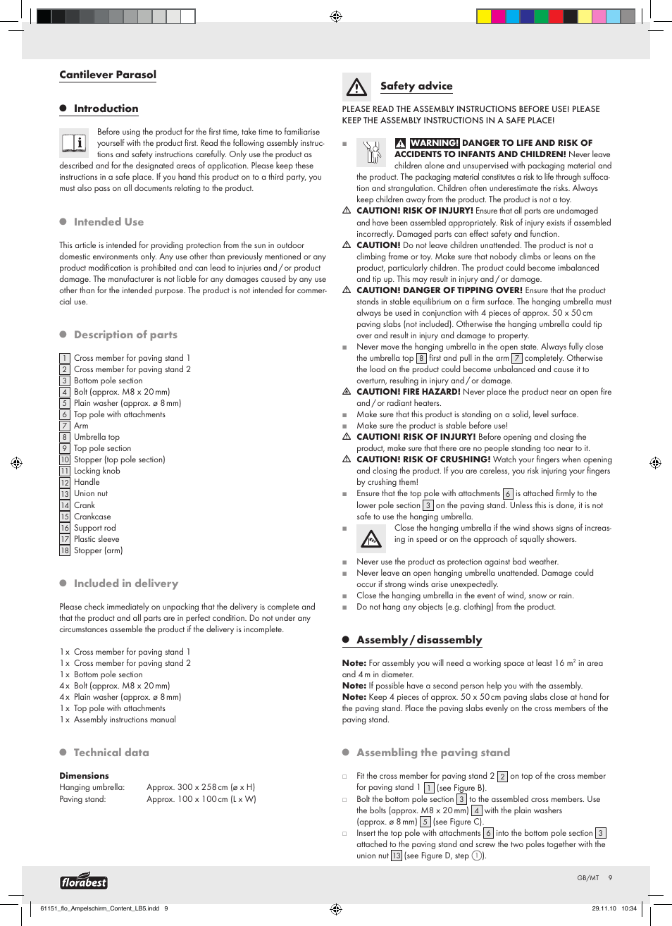 Cantilever parasol, Introduction, Intended use | Description of parts, Included in delivery, Technical data, Safety advice, Assembly / disassembly, Assembling the paving stand | Florabest Cantilever Parasol User Manual | Page 7 / 13