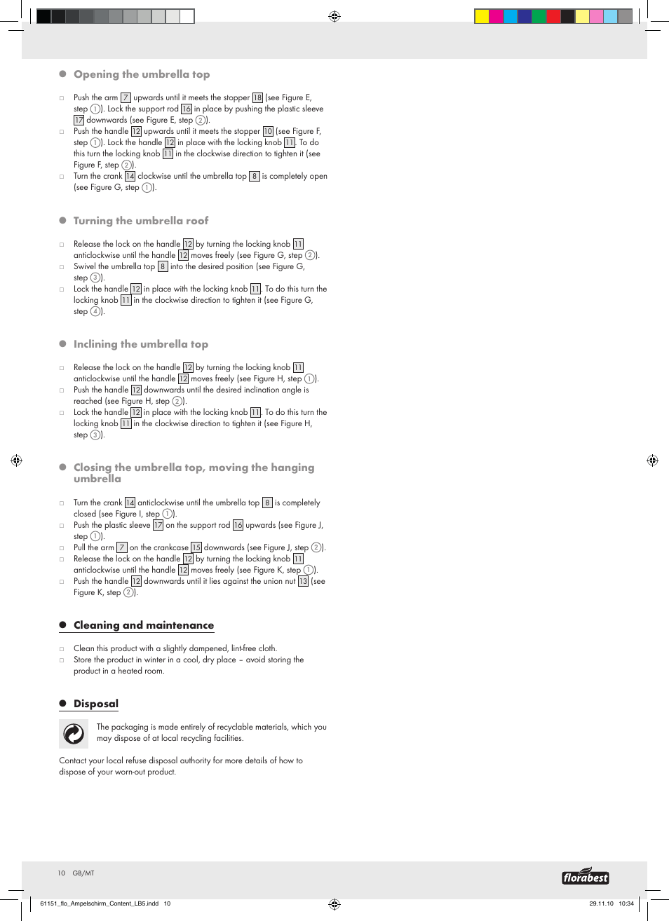 Opening the umbrella top, Turning the umbrella roof, Inclining the umbrella top | Cleaning and maintenance, Disposal | Florabest Cantilever Parasol User Manual | Page 8 / 13
