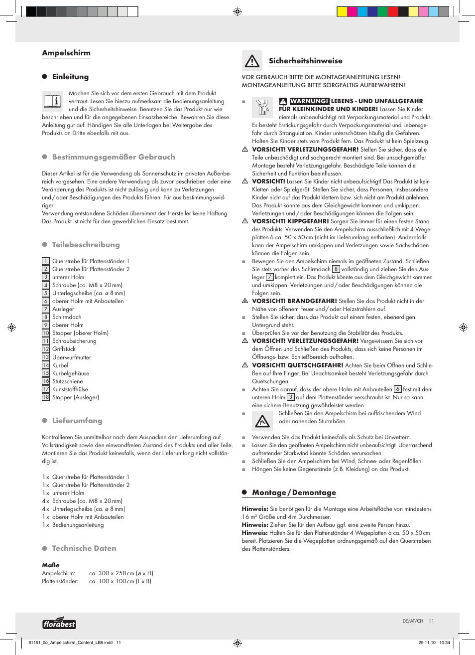 Ampelschirm, Einleitung, Bestimmungsgemäßer gebrauch | Teilebeschreibung, Lieferumfang, Technische daten, Sicherheitshinweise, Montage / demontage | Florabest Cantilever Parasol User Manual | Page 9 / 13