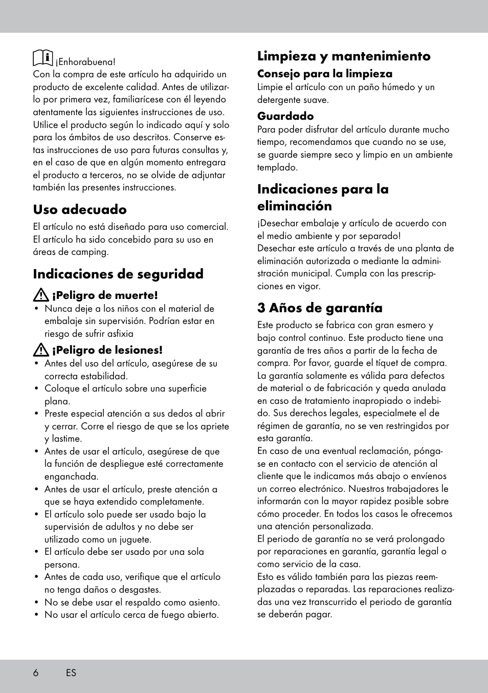 Uso adecuado, Indicaciones de seguridad, Limpieza y mantenimiento | Indicaciones para la eliminación, 3 años de garantía | Florabest DL-1584 User Manual | Page 6 / 16