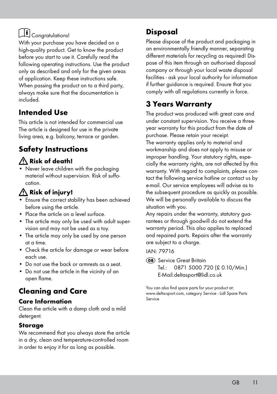 Intended use, Safety instructions, Cleaning and care | Disposal, 3 years warranty | Florabest ST-1582 User Manual | Page 11 / 12