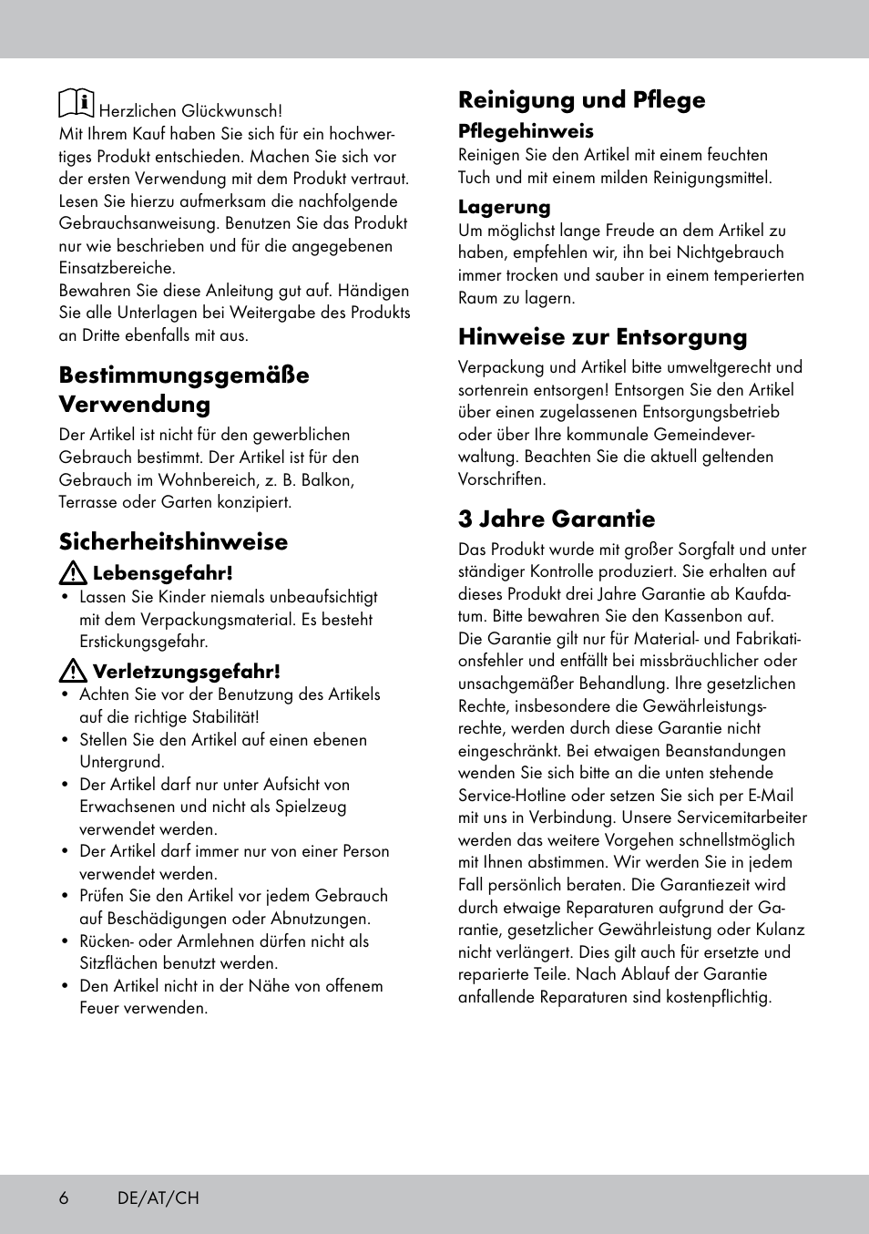 Bestimmungsgemäße verwendung, Sicherheitshinweise, Reinigung und pflege | Hinweise zur entsorgung, 3 jahre garantie | Florabest ST-1582 User Manual | Page 6 / 12