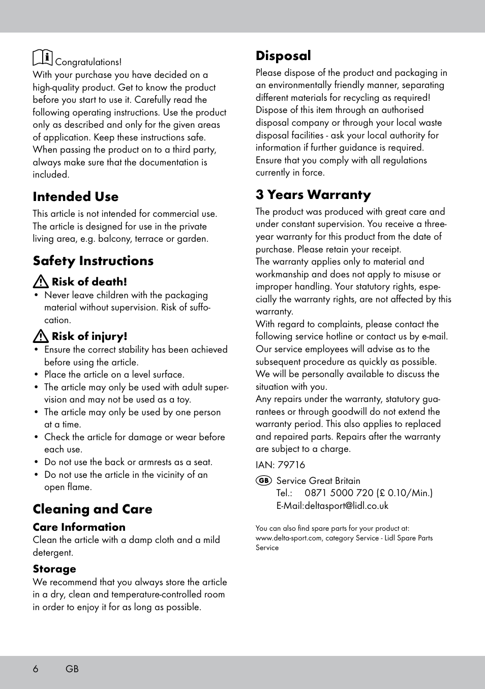 Intended use, Safety instructions, Cleaning and care | Disposal, 3 years warranty | Florabest ST-1582 User Manual | Page 6 / 16