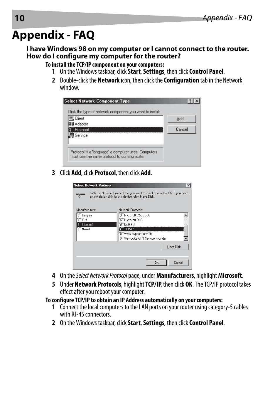 Appendix - faq, To install the tcp/ip component on your computers | Dynex DX-E402 User Manual | Page 10 / 71