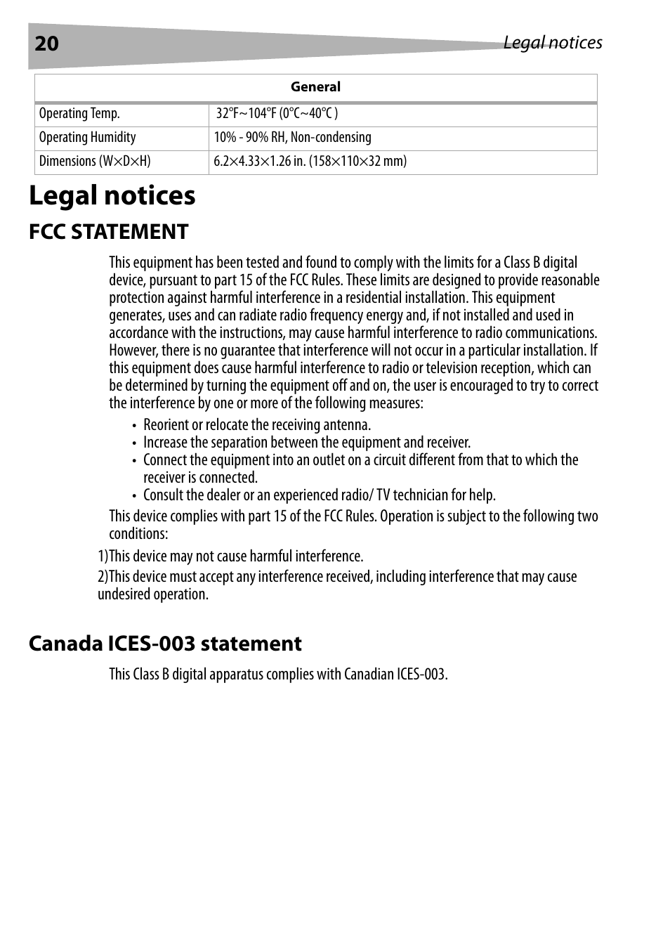 Legal notices, Fcc statement, Canada ices-003 statement | Dynex DX-E402 User Manual | Page 20 / 71