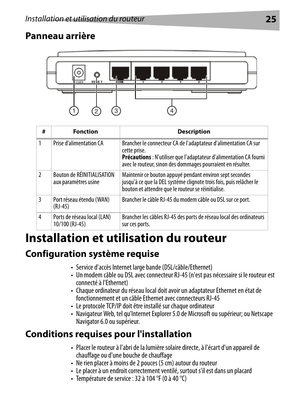 Panneau arrière, Installation et utilisation du routeur, Configuration système requise | Conditions requises pour l'installation, 25 panneau arrière | Dynex DX-E402 User Manual | Page 25 / 71