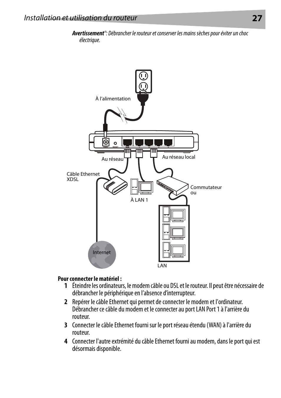 Pour connecter le matériel, Installation et utilisation du routeur | Dynex DX-E402 User Manual | Page 27 / 71