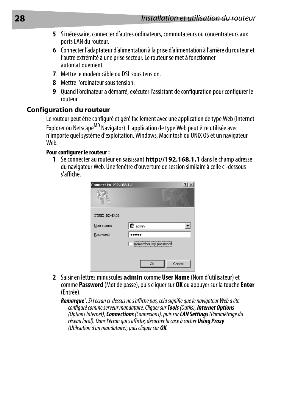 Configuration du routeur, Pour configurer le routeur | Dynex DX-E402 User Manual | Page 28 / 71