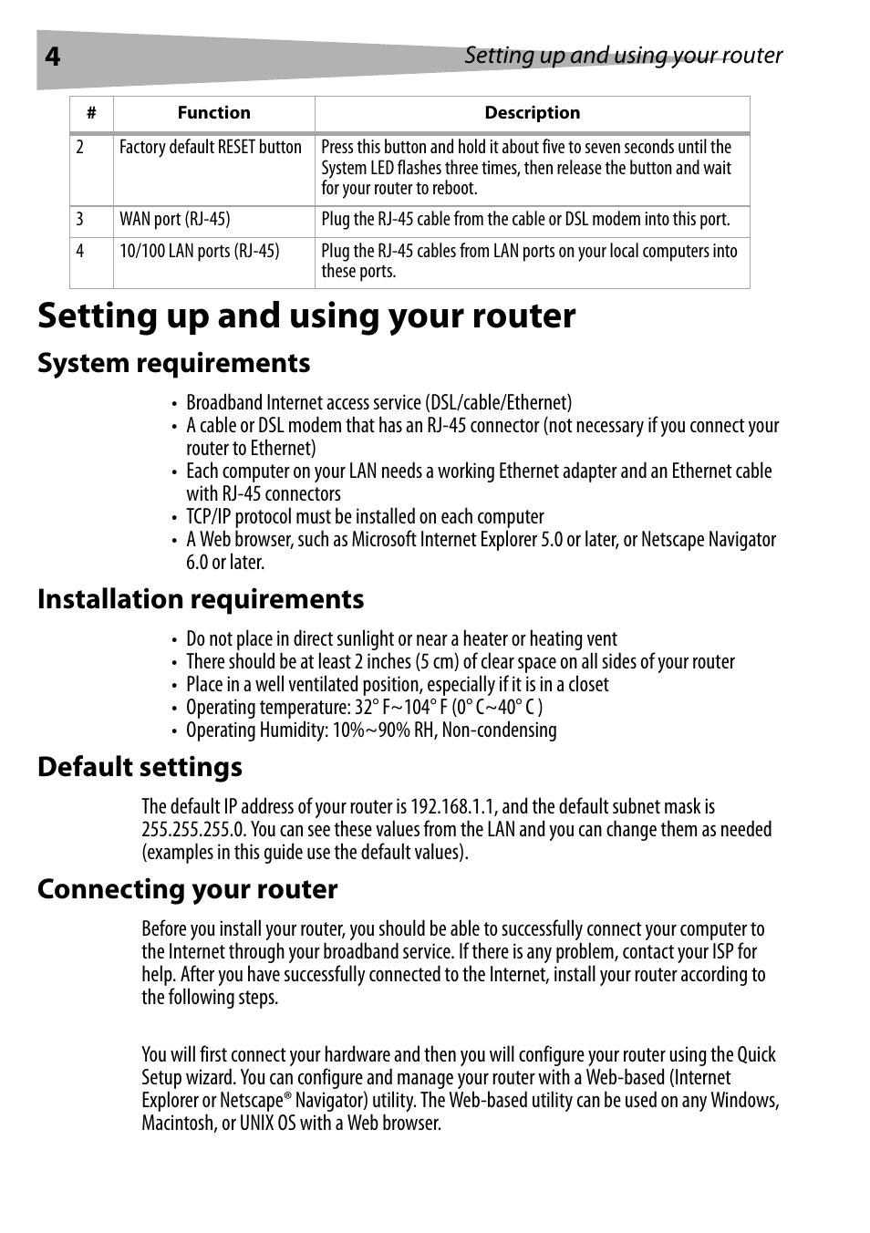 Setting up and using your router, System requirements, Installation requirements | Default settings, Connecting your router | Dynex DX-E402 User Manual | Page 4 / 71