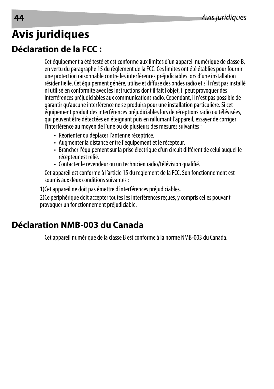 Avis juridiques, Déclaration de la fcc, Déclaration nmb-003 du canada | Dynex DX-E402 User Manual | Page 44 / 71