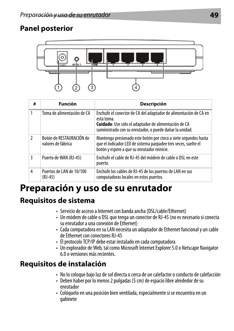 Panel posterior, Preparación y uso de su enrutador, Requisitos de sistema | Requisitos de instalación, 49 panel posterior | Dynex DX-E402 User Manual | Page 49 / 71