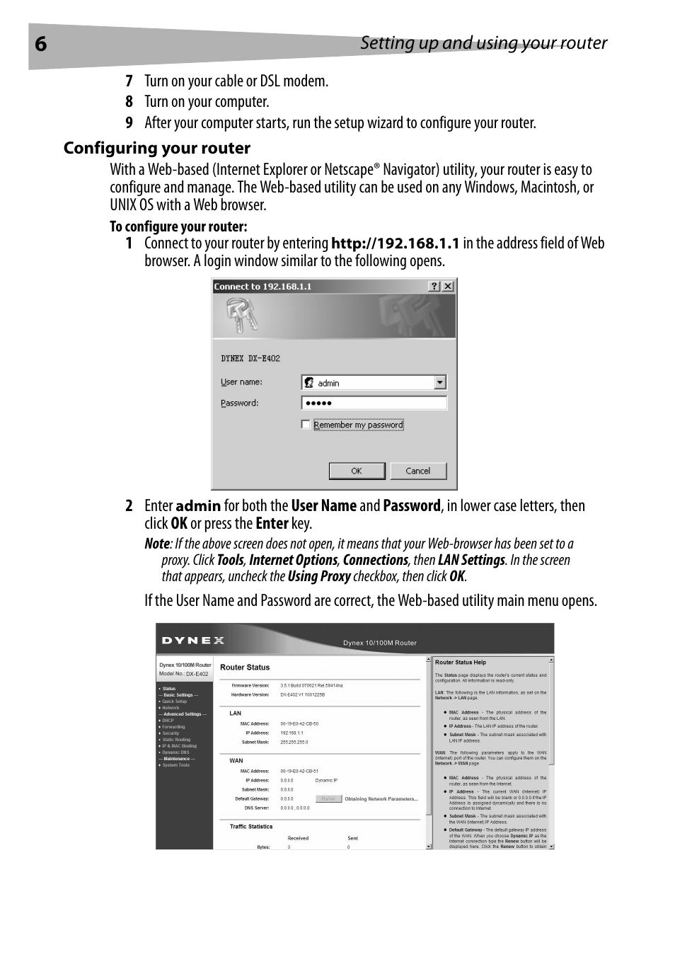 Configuring your router, To configure your router | Dynex DX-E402 User Manual | Page 6 / 71