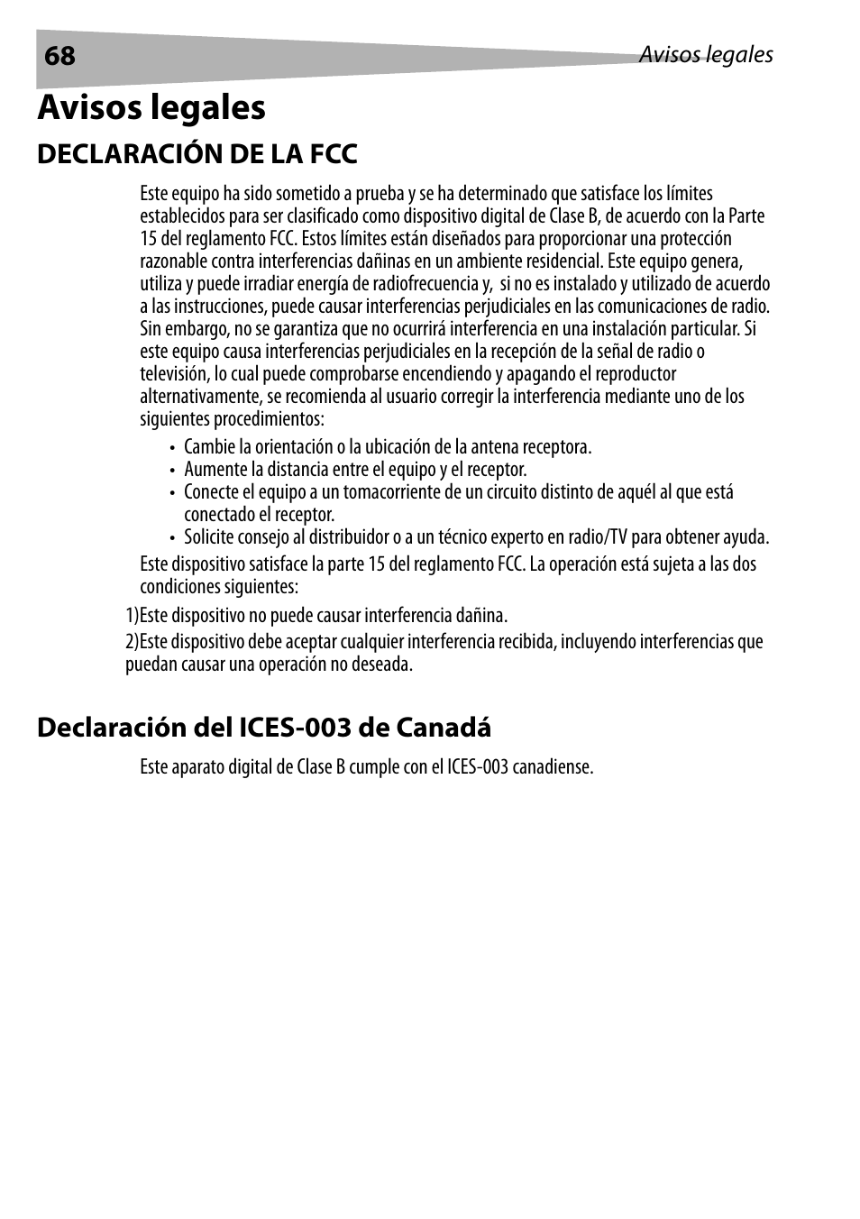 Avisos legales, Declaración de la fcc, Declaración del ices-003 de canadá | Dynex DX-E402 User Manual | Page 68 / 71