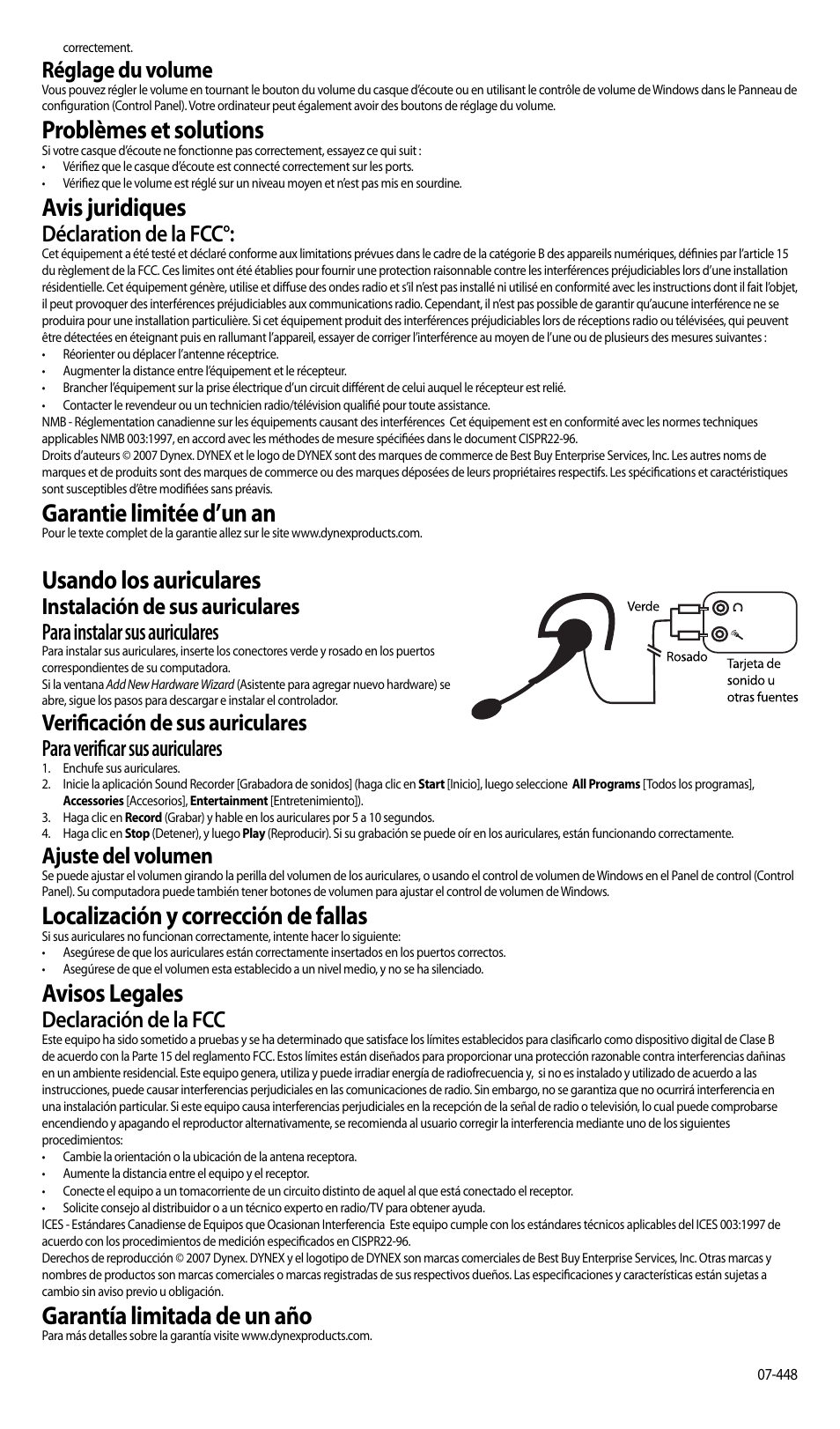 Problèmes et solutions, Avis juridiques, Garantie limitée d’un an | Usando los auriculares, Localización y corrección de fallas, Avisos legales, Garantía limitada de un año, Réglage du volume, Déclaration de la fcc, Ajuste del volumen | Dynex DX-740 User Manual | Page 2 / 2