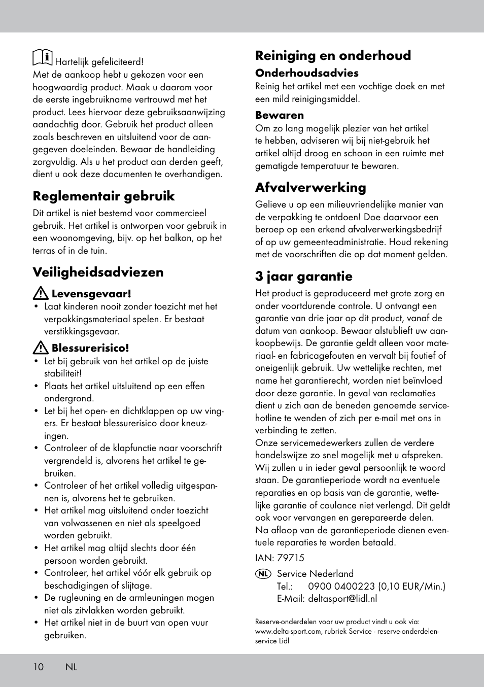 Reglementair gebruik, Veiligheidsadviezen, Reiniging en onderhoud | Afvalverwerking, 3 jaar garantie | Florabest HL-1583 User Manual | Page 10 / 12