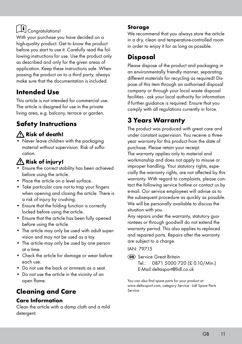Intended use, Safety instructions, Cleaning and care | Disposal, 3 years warranty | Florabest HL-1583 User Manual | Page 11 / 12