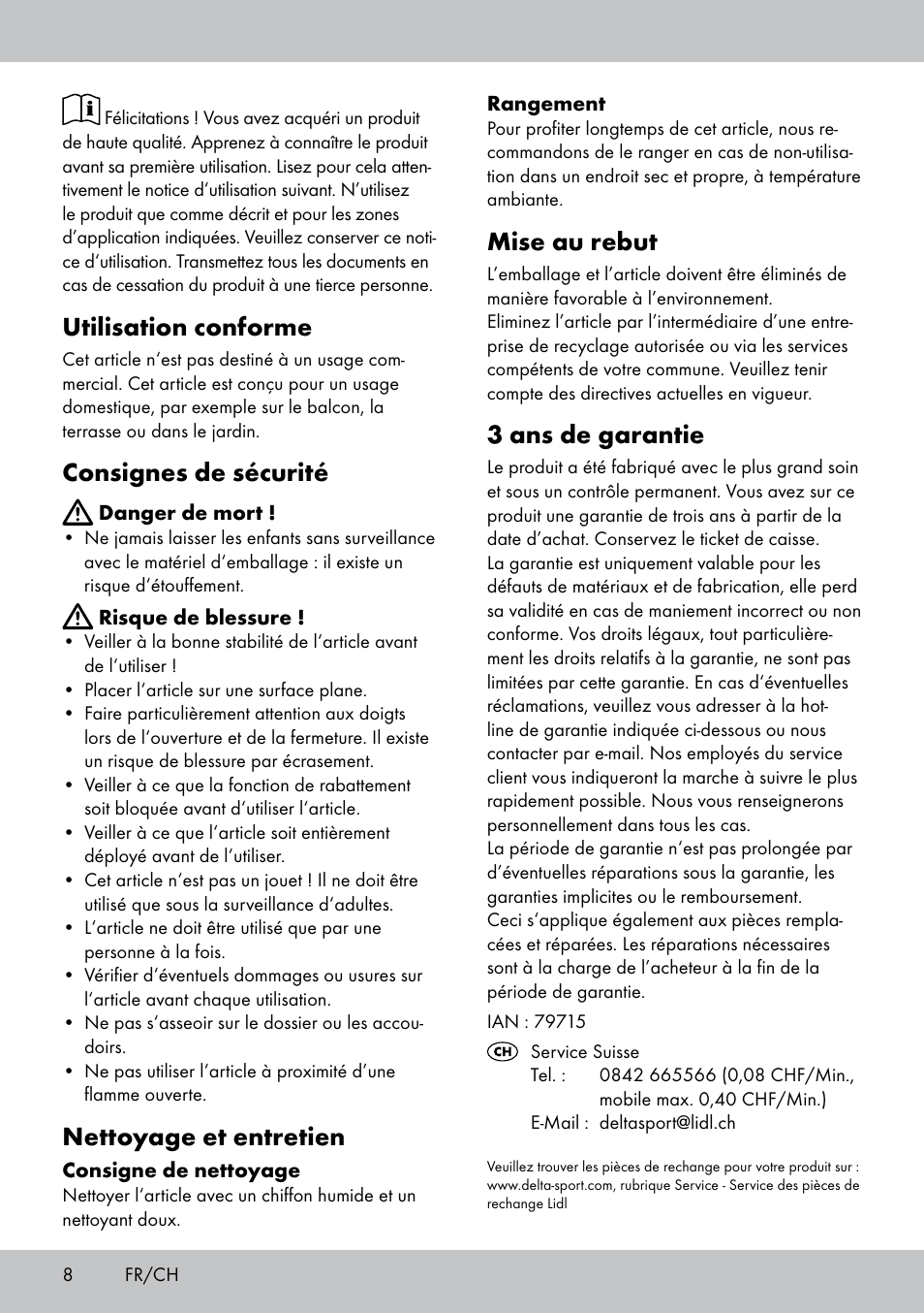 Utilisation conforme, Consignes de sécurité, Nettoyage et entretien | Mise au rebut, 3 ans de garantie | Florabest HL-1583 User Manual | Page 8 / 12