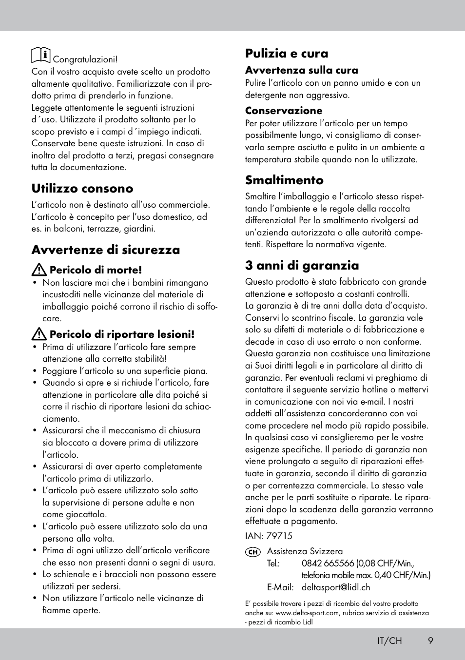 Utilizzo consono, Avvertenze di sicurezza, Pulizia e cura | Smaltimento, 3 anni di garanzia | Florabest HL-1583 User Manual | Page 9 / 12