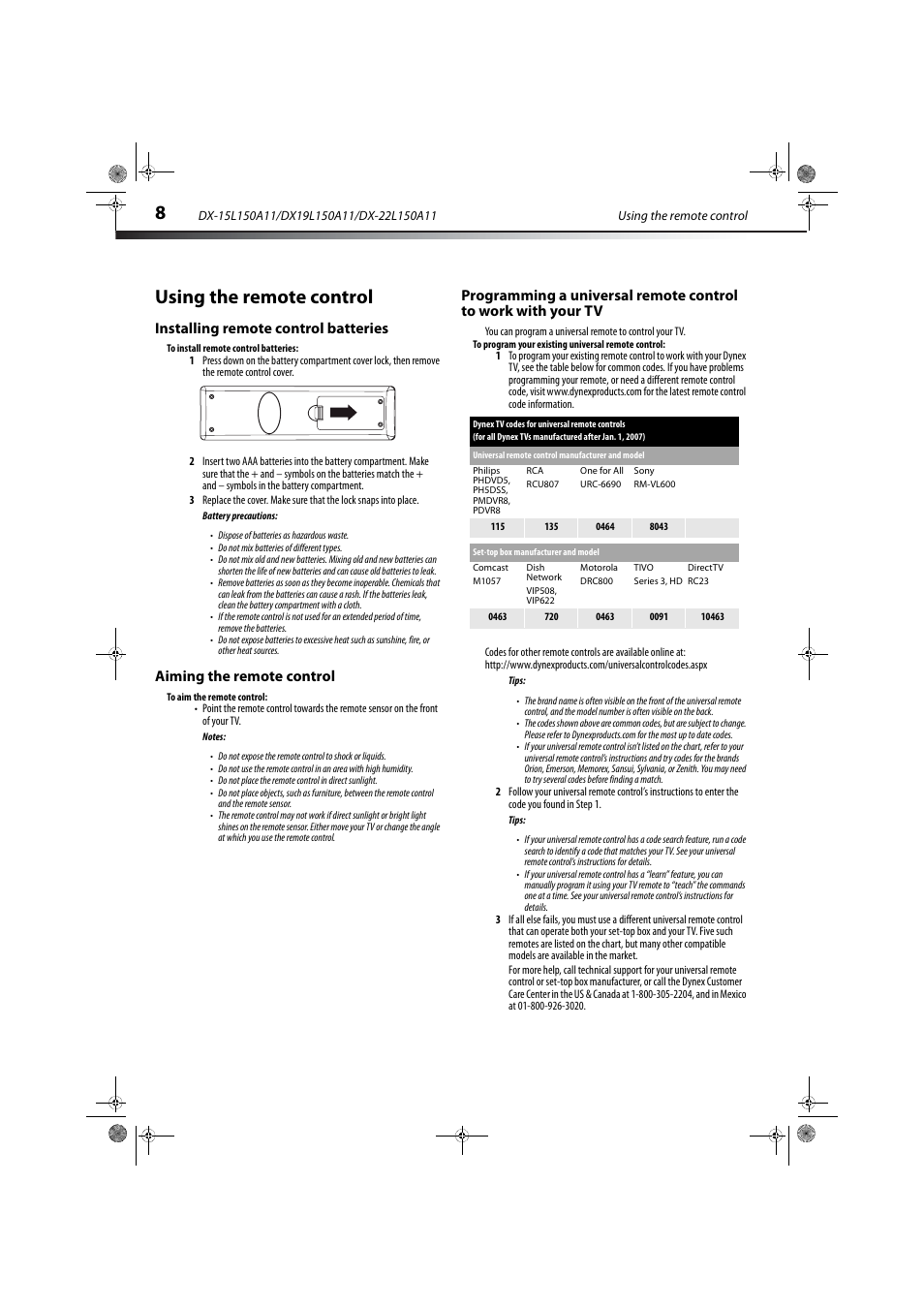 Using the remote control, Installing remote control batteries, Aiming the remote control | Dynex DX-22L150A11 User Manual | Page 11 / 36