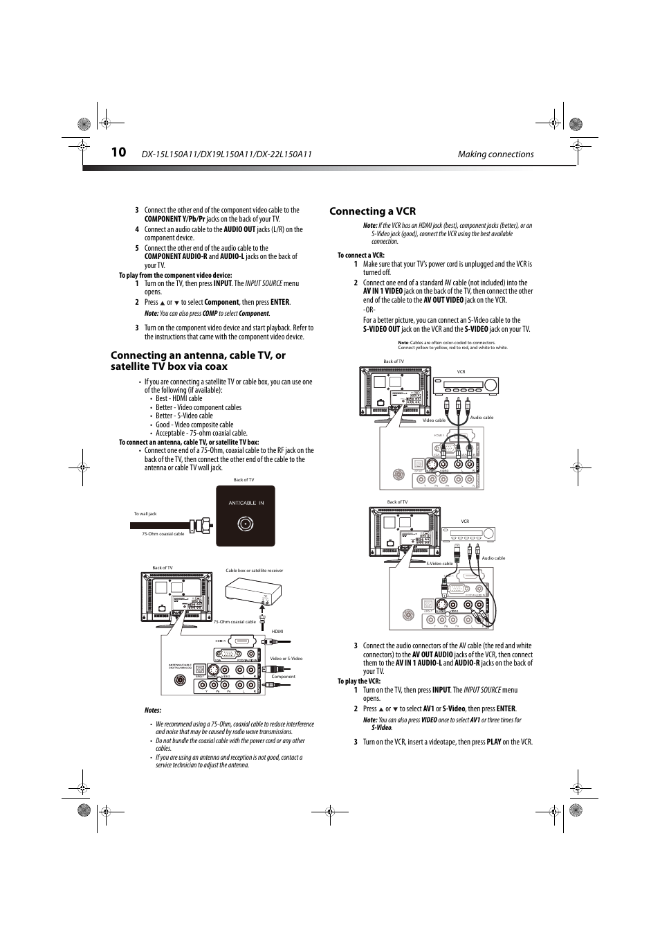 Connecting a vcr, E 10 | Dynex DX-22L150A11 User Manual | Page 13 / 36
