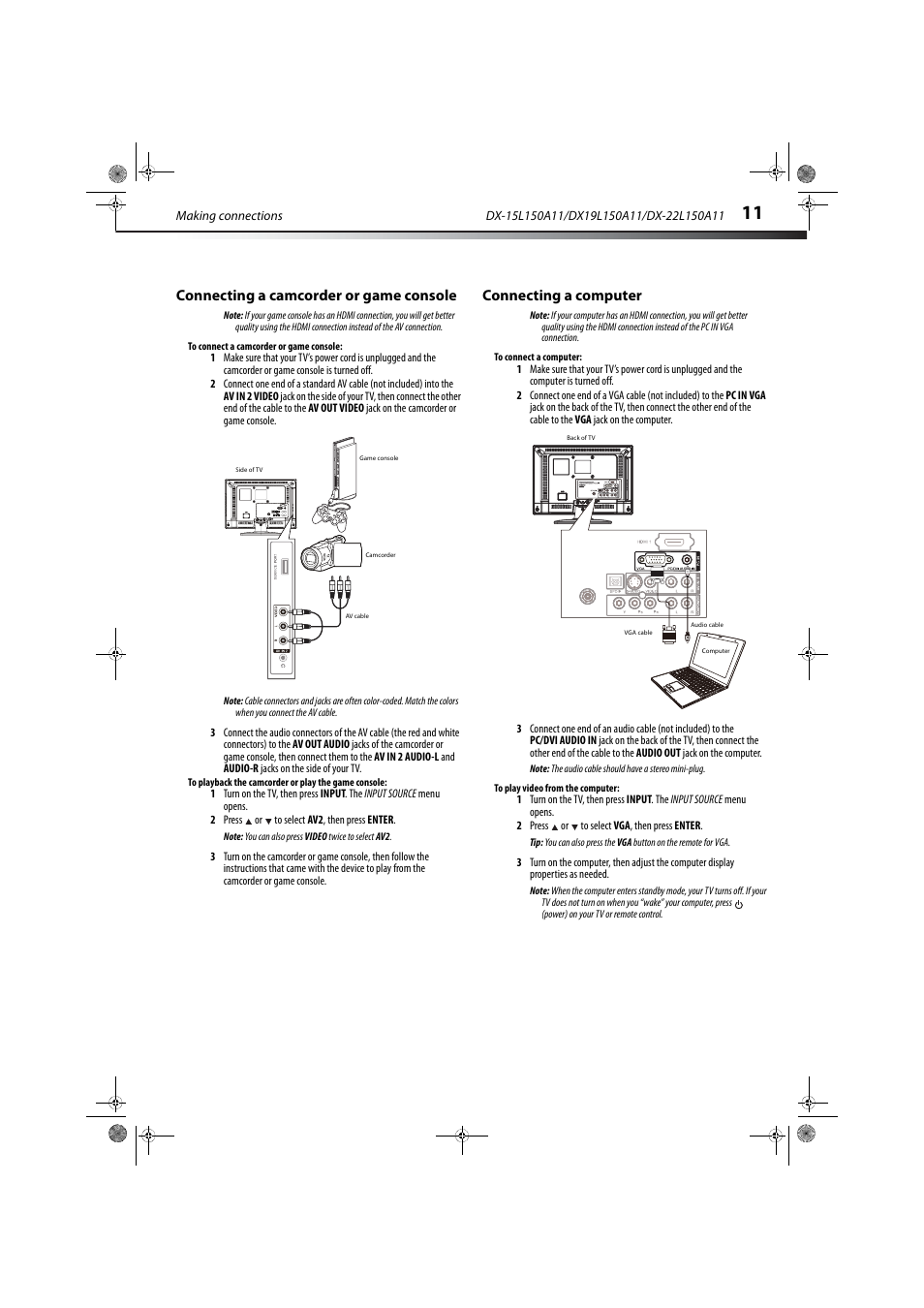 Connecting a camcorder or game console, Connecting a computer, Connecting a camcorder or game console” on | Ge 11 | Dynex DX-22L150A11 User Manual | Page 14 / 36