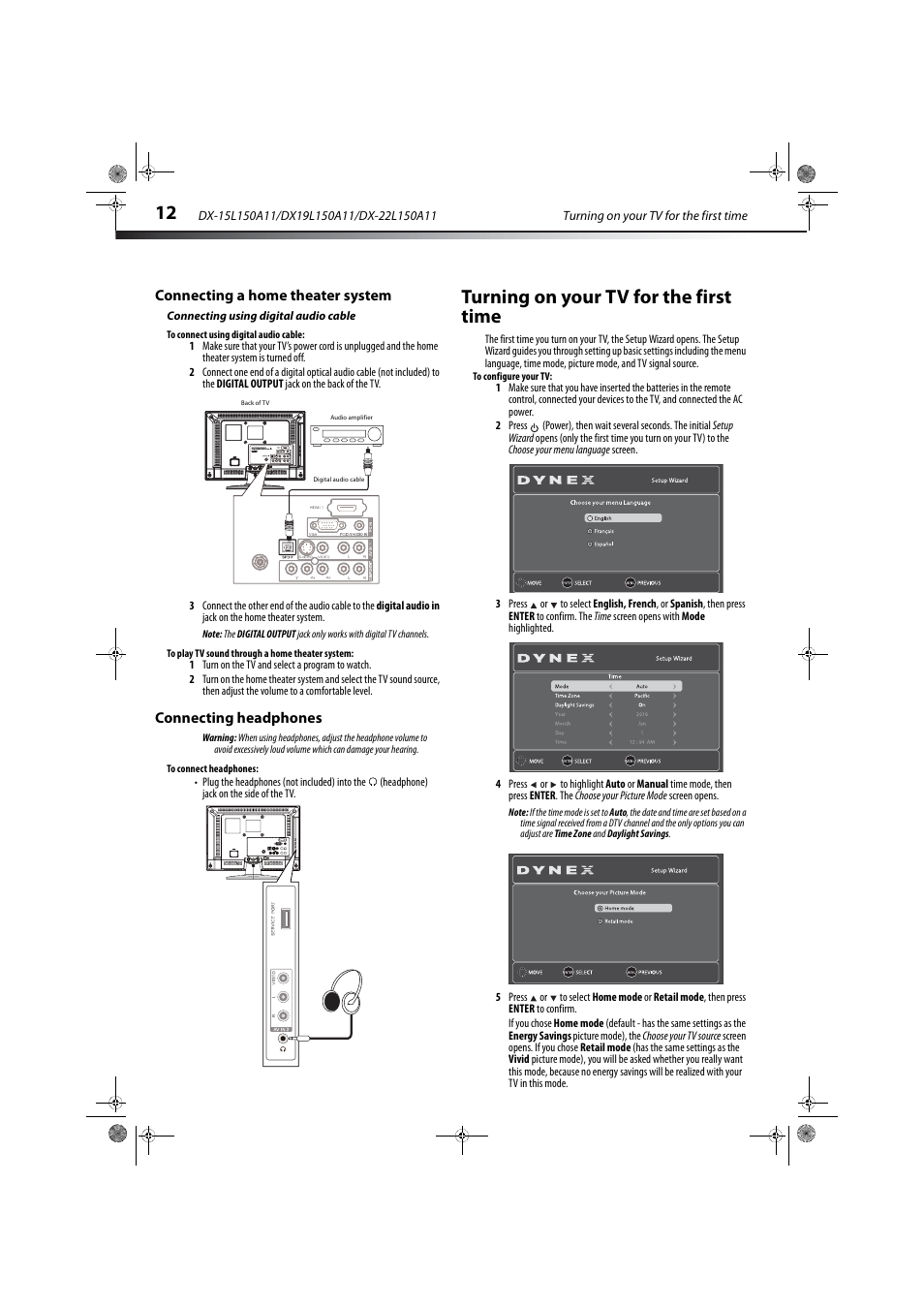 Connecting a home theater system, Connecting using digital audio cable, Connecting headphones | Turning on your tv for the first time, Ation, see “connecting using digital audio cable, Ge 12 | Dynex DX-22L150A11 User Manual | Page 15 / 36