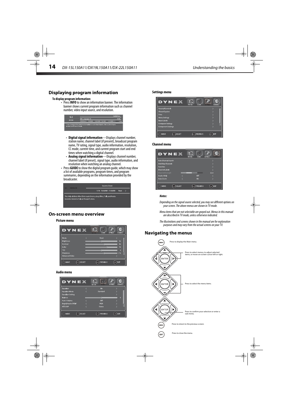 Displaying program information, On-screen menu overview, Navigating the menus | Displaying program information” on, Ge 14 | Dynex DX-22L150A11 User Manual | Page 17 / 36