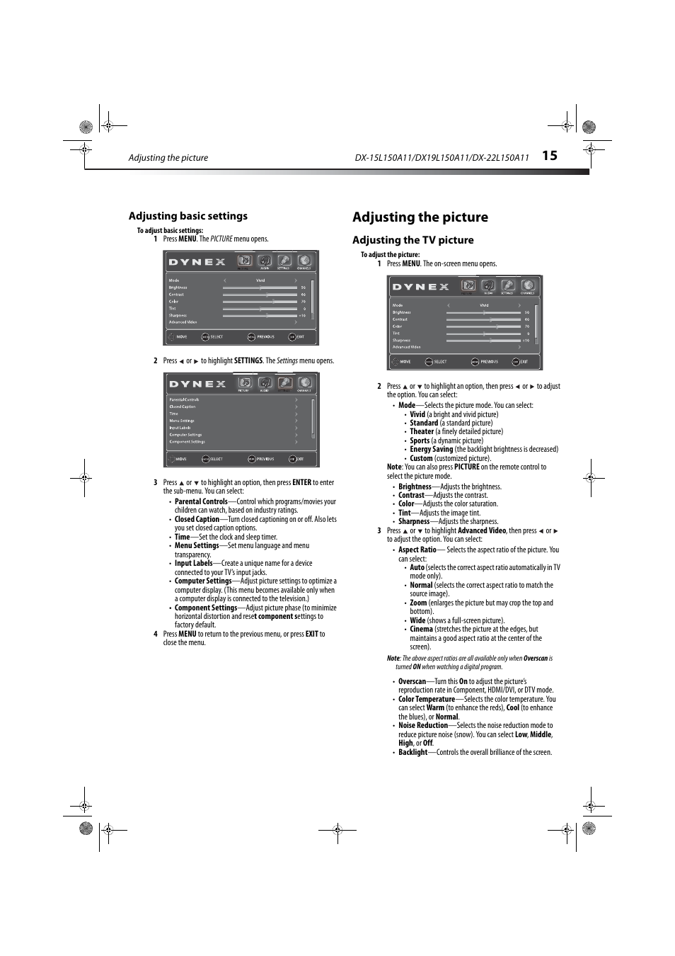 Adjusting basic settings, Adjusting the picture, Adjusting the tv picture | Adjusting the tv picture” on, E 15 | Dynex DX-22L150A11 User Manual | Page 18 / 36