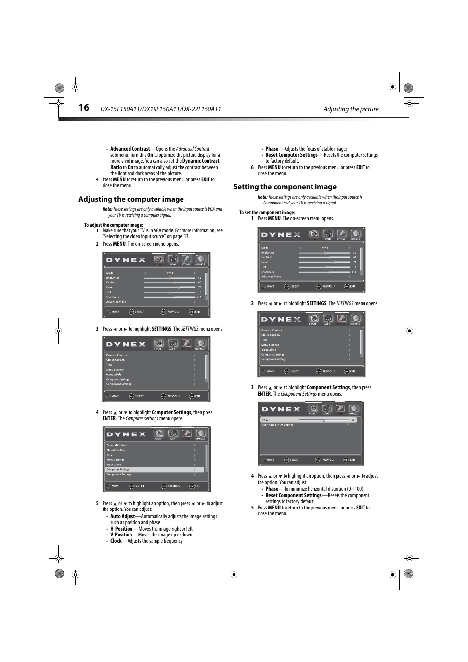 Adjusting the computer image, Setting the component image | Dynex DX-22L150A11 User Manual | Page 19 / 36