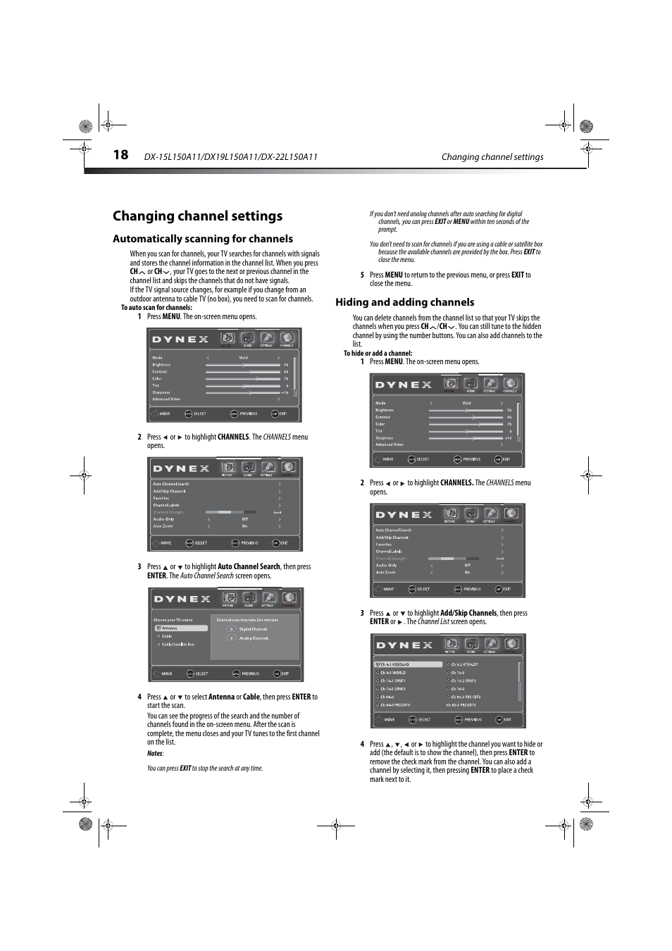 Changing channel settings, Automatically scanning for channels, Hiding and adding channels | Automatically scanning for channels” on, E 18 and, Utomatically scanning for channels | Dynex DX-22L150A11 User Manual | Page 21 / 36