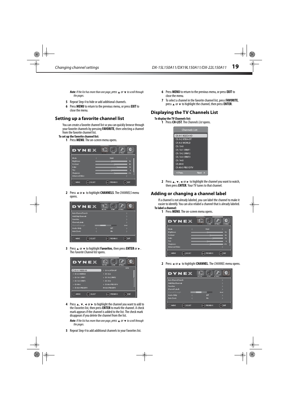 Setting up a favorite channel list, Displaying the tv channels list, Adding or changing a channel label | Setting up a favorite channel list” on, Ge 19 | Dynex DX-22L150A11 User Manual | Page 22 / 36