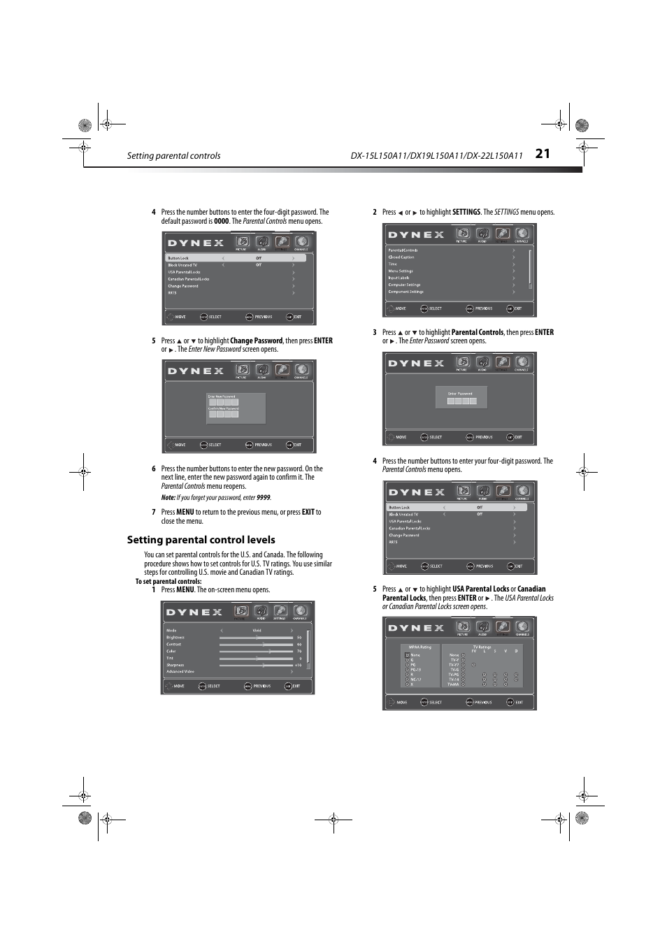 Setting parental control levels | Dynex DX-22L150A11 User Manual | Page 24 / 36