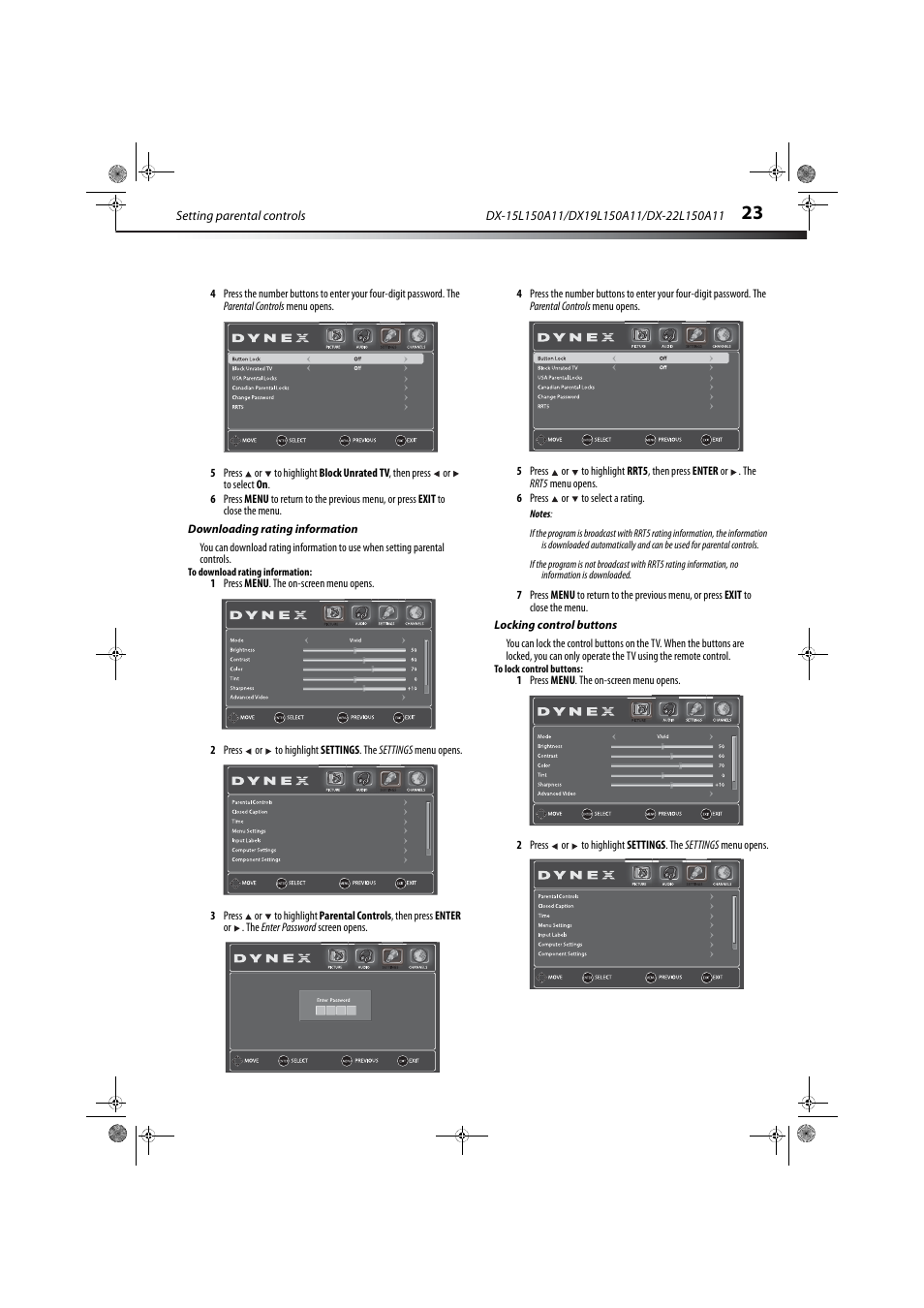 Downloading rating information, Locking control buttons | Dynex DX-22L150A11 User Manual | Page 26 / 36