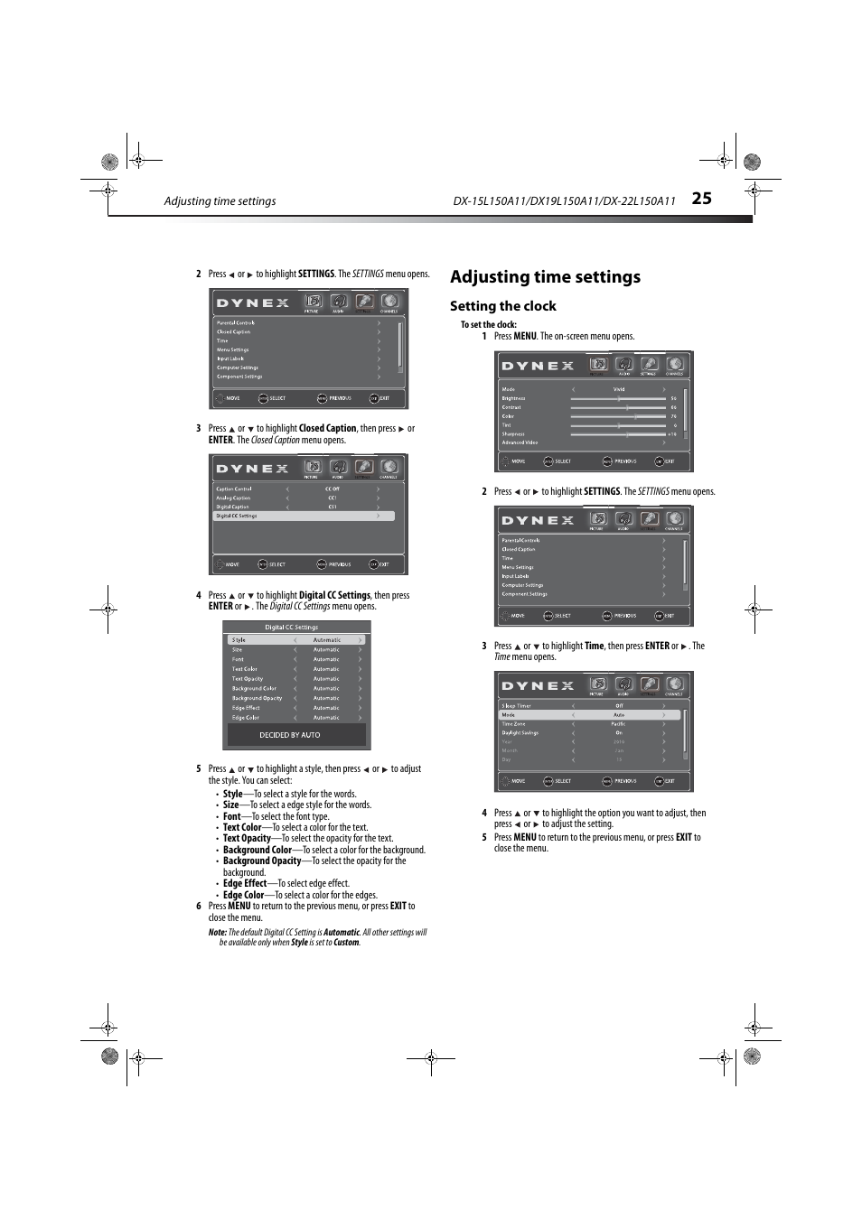 Adjusting time settings, Setting the clock | Dynex DX-22L150A11 User Manual | Page 28 / 36