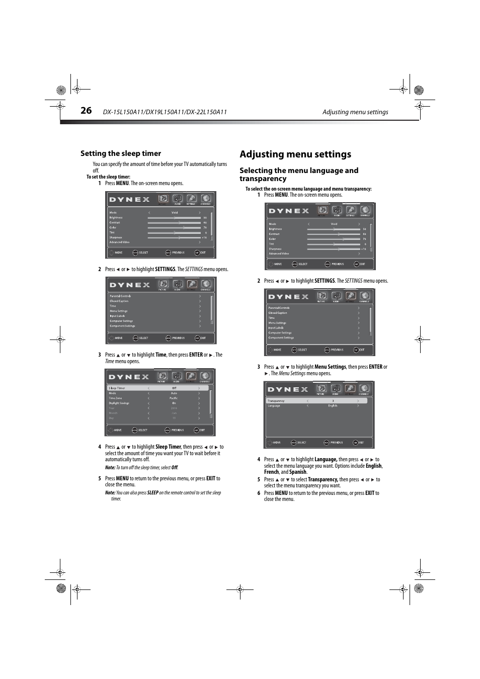 Setting the sleep timer, Adjusting menu settings, Selecting the menu language and transparency | Ge 26, 26 or “a | Dynex DX-22L150A11 User Manual | Page 29 / 36