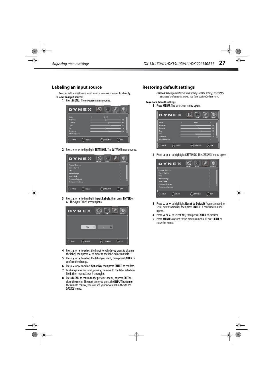 Labeling an input source, Restoring default settings | Dynex DX-22L150A11 User Manual | Page 30 / 36