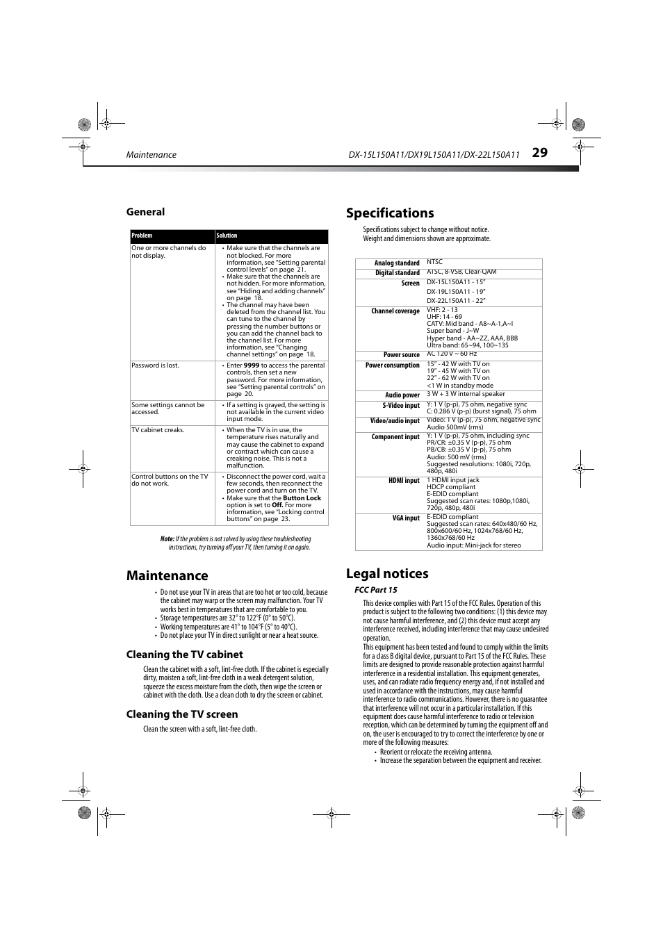 General, Maintenance, Cleaning the tv cabinet | Cleaning the tv screen, Specifications, Legal notices, Fcc part 15, Cleaning the tv cabinet cleaning the tv screen | Dynex DX-22L150A11 User Manual | Page 32 / 36