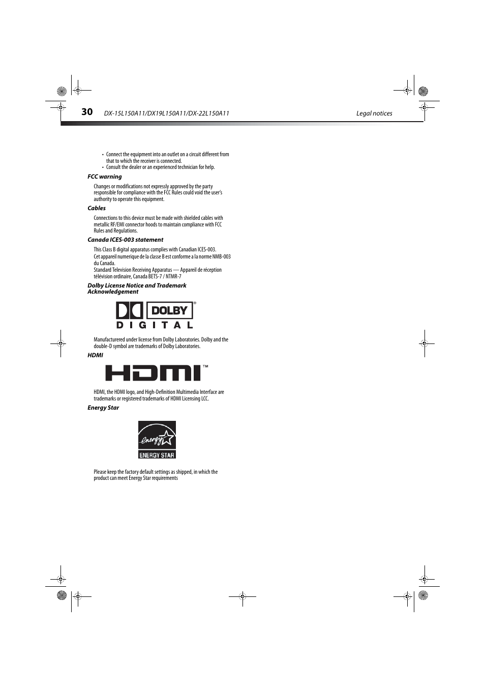 Fcc warning, Cables, Canada ices-003 statement | Dolby license notice and trademark acknowledgement, Hdmi, Energy star | Dynex DX-22L150A11 User Manual | Page 33 / 36