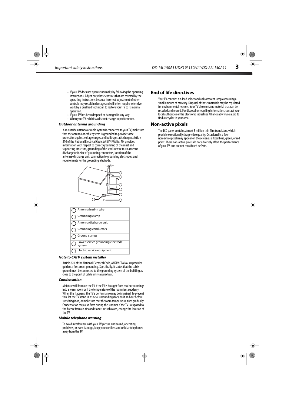 Outdoor antenna grounding, Note to catv system installer, Condensation | Mobile telephone warning, End of life directives, Non-active pixels | Dynex DX-22L150A11 User Manual | Page 6 / 36