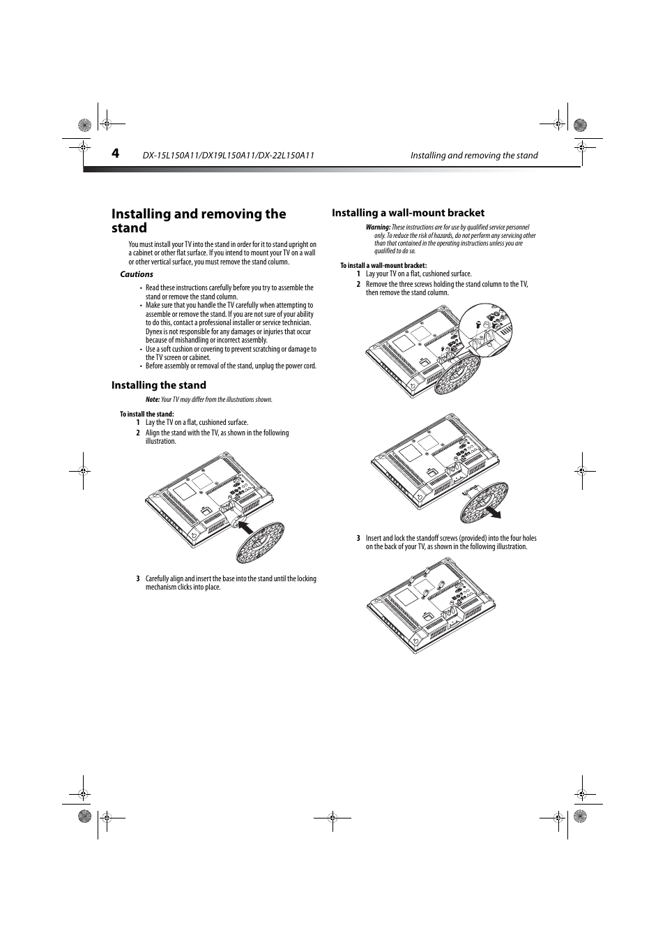 Installing and removing the stand, Cautions, Installing the stand | Installing a wall-mount bracket | Dynex DX-22L150A11 User Manual | Page 7 / 36