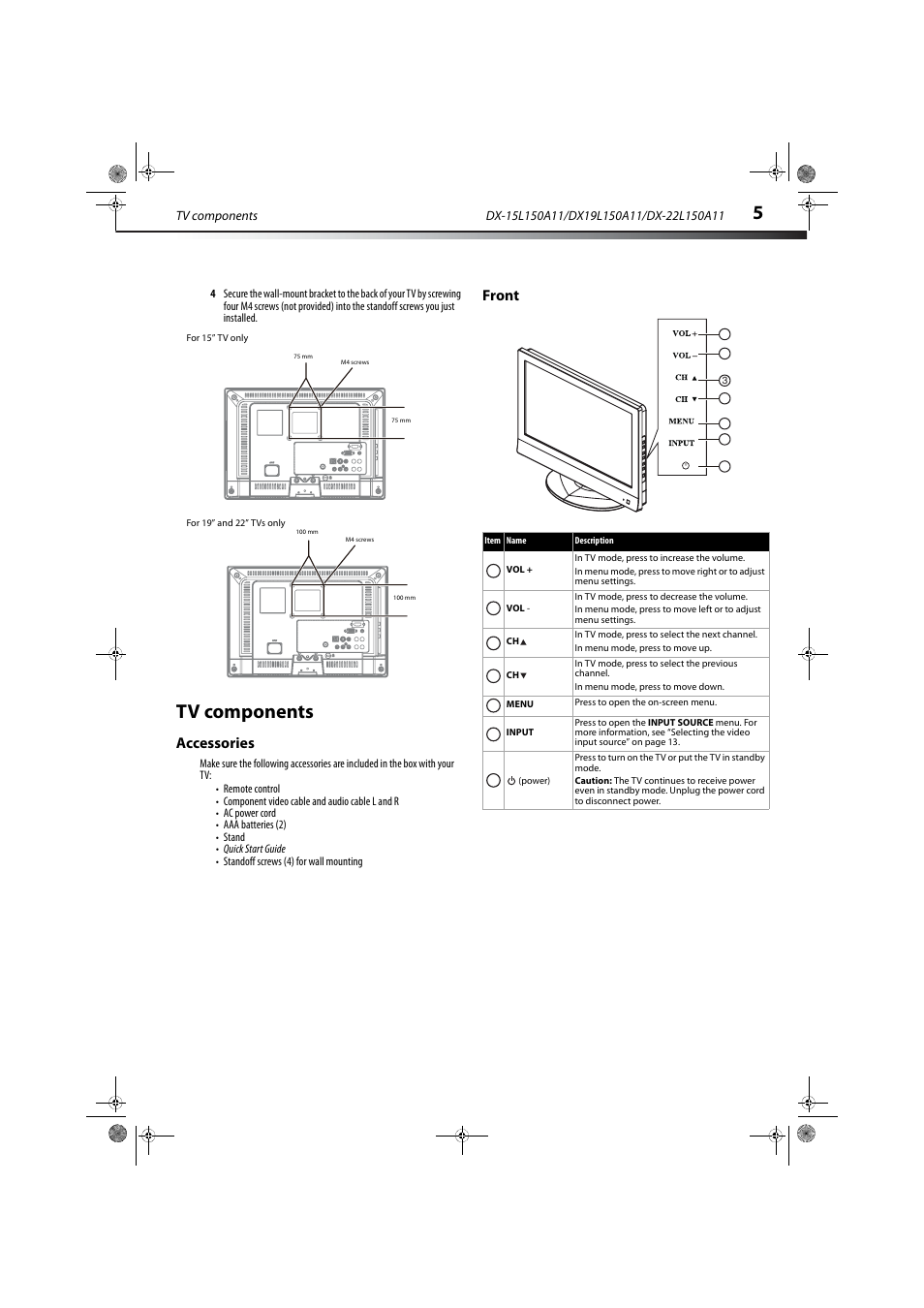Tv components, Accessories, Front | Accessories front | Dynex DX-22L150A11 User Manual | Page 8 / 36