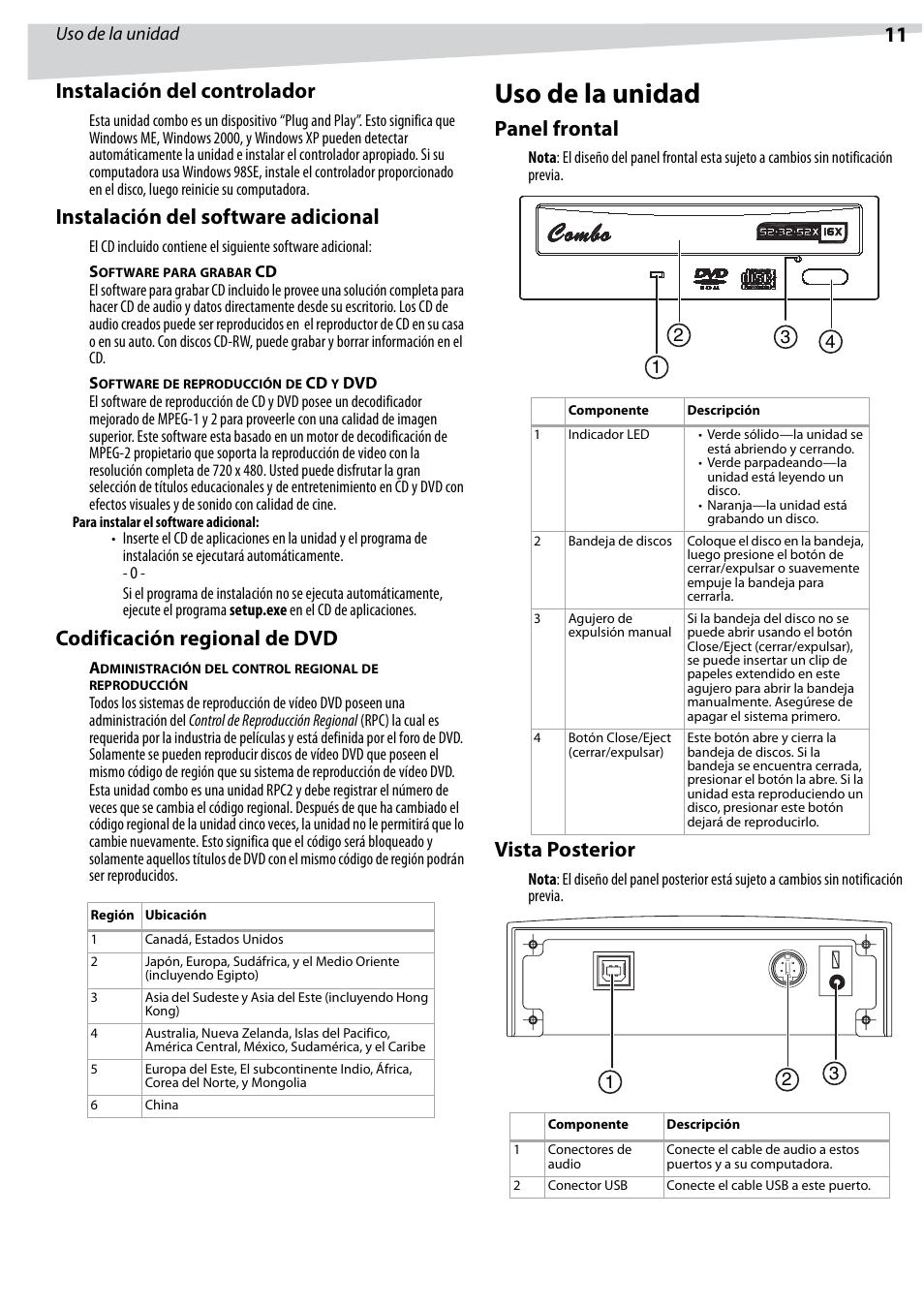Uso de la unidad, 11 instalación del controlador, Instalación del software adicional | Codificación regional de dvd, Panel frontal, Vista posterior | Dynex DX-ECOD1 User Manual | Page 11 / 16
