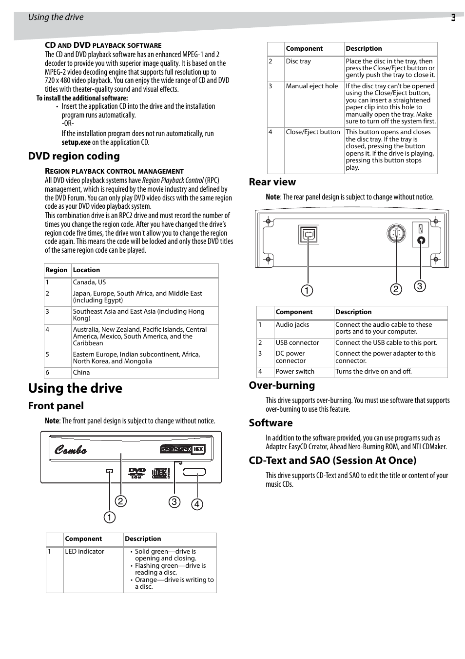 Using the drive, Dvd region coding, Front panel | Rear view, Over-burning, Software, Cd-text and sao (session at once) | Dynex DX-ECOD1 User Manual | Page 3 / 16