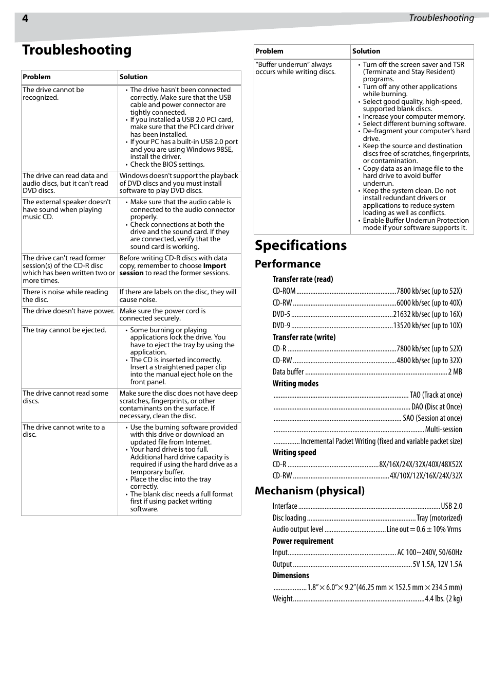 Troubleshooting specifications, Performance, Mechanism (physical) | Troubleshooting | Dynex DX-ECOD1 User Manual | Page 4 / 16
