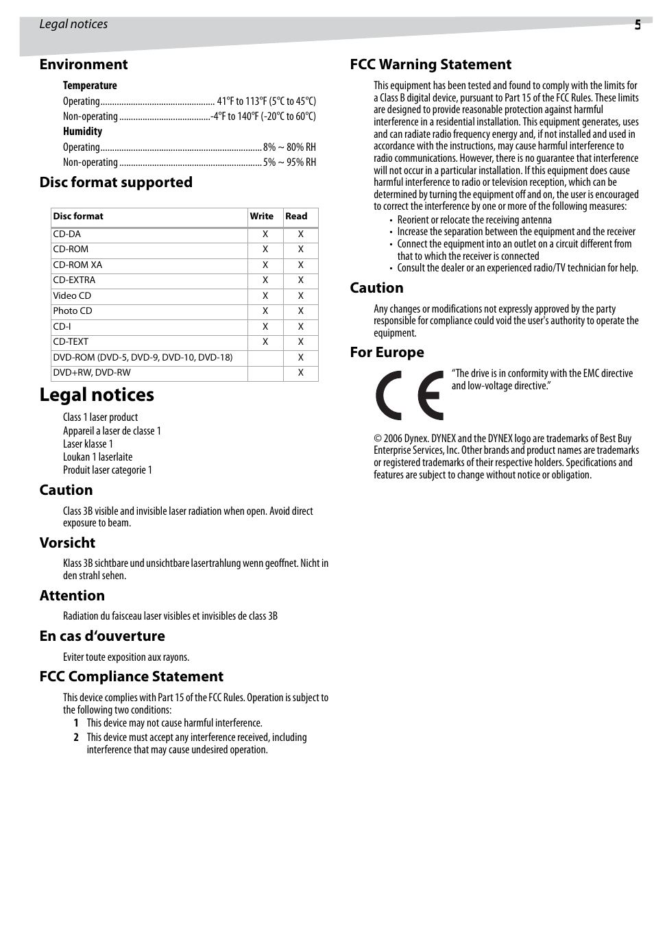 Legal notices, 5environment, Disc format supported | Caution, Vorsicht, Attention, En cas d‘ouverture, Fcc compliance statement, Fcc warning statement, For europe | Dynex DX-ECOD1 User Manual | Page 5 / 16