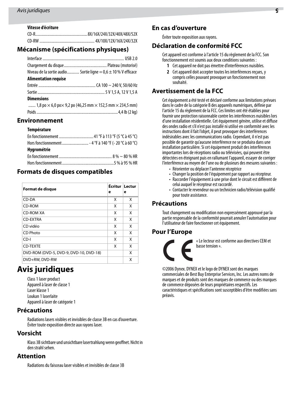 Avis juridiques, Mécanisme (spécifications physiques), Environnement | Formats de disques compatibles, Précautions, Vorsicht, Attention, En cas d’ouverture, Déclaration de conformité fcc, Avertissement de la fcc | Dynex DX-ECOD1 User Manual | Page 9 / 16