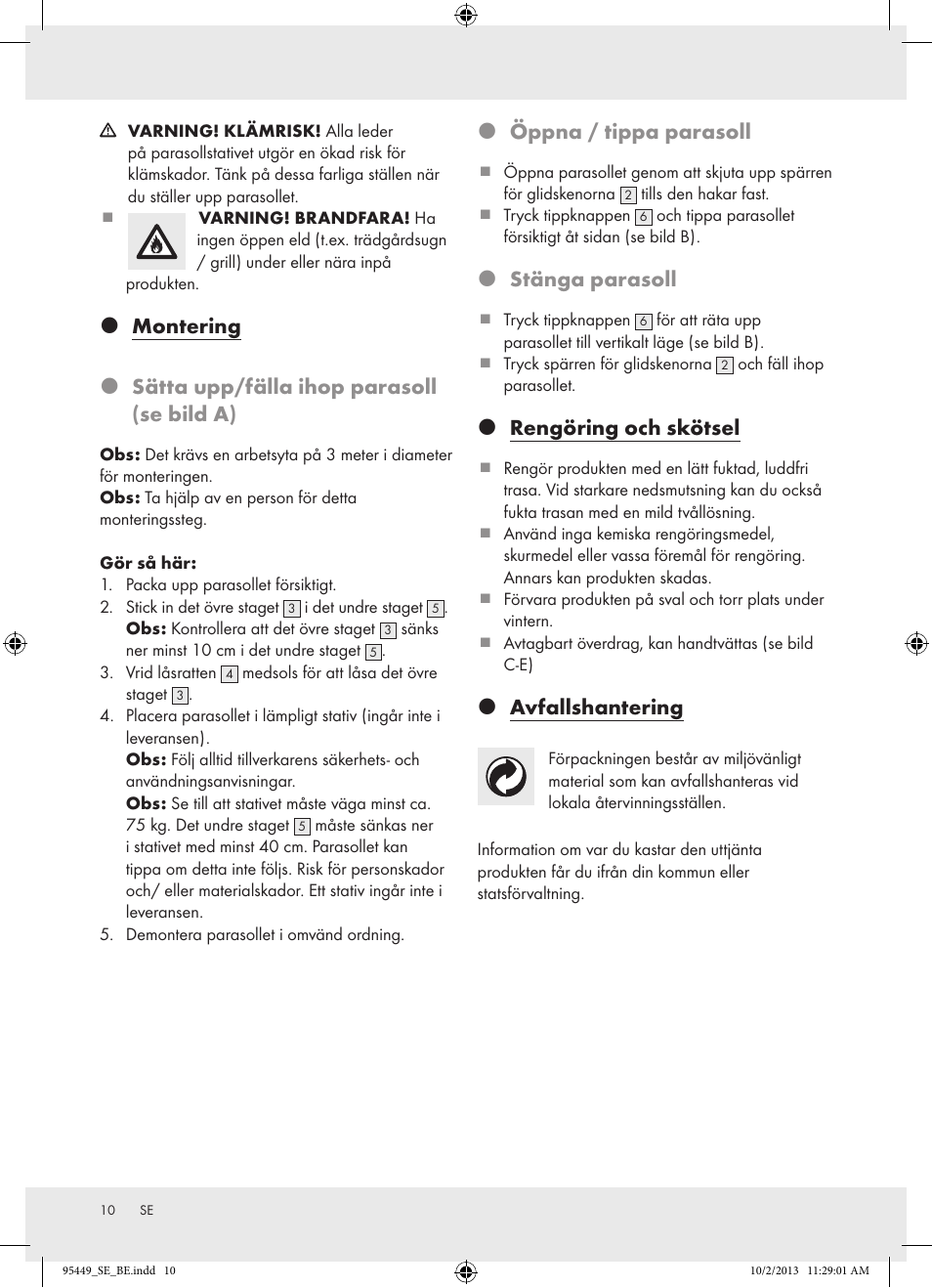 Öppna / tippa parasoll, Stänga parasoll, Rengöring och skötsel | Avfallshantering | Florabest Z31806A/ Z31806B/ Z31806C User Manual | Page 10 / 27