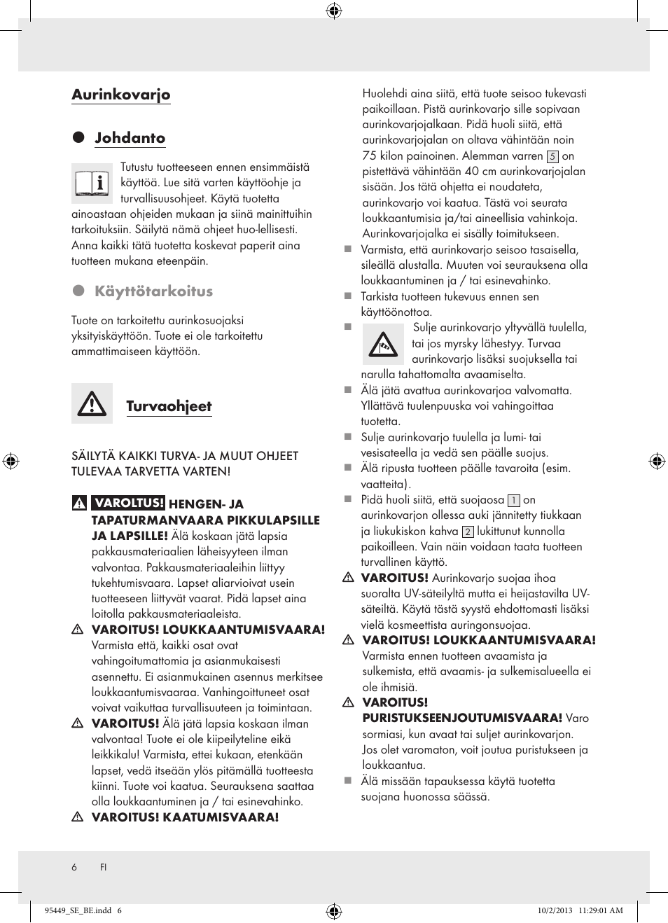 Aurinkovarjo  johdanto, Käyttötarkoitus, Turvaohjeet | Florabest Z31806A/ Z31806B/ Z31806C User Manual | Page 6 / 27